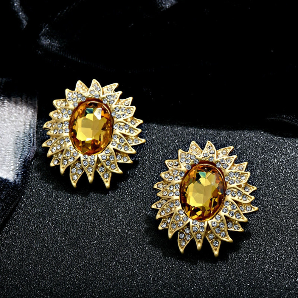 Vintage Crystal Sunflower Stud Earrings Retro